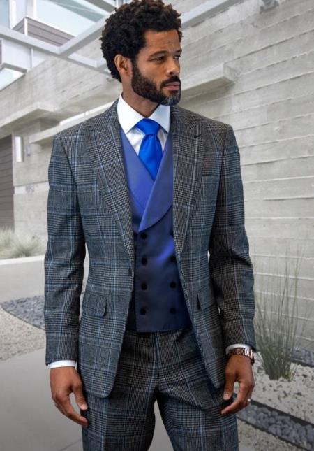Product#JA60604 Statement Mens 100% Wool 3 Piece Suit - Glen Plaid Checkered Indigo