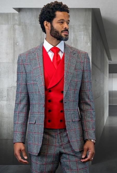 Product#JA60605 Statement Mens 100% Wool 3 Piece Suit - Glen Plaid Checkered Red