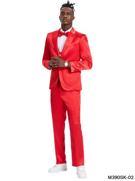 Mens Red Shiny Suit - Flashy Sateen Suit With Bowtie - Wedding Suit Slim Fit