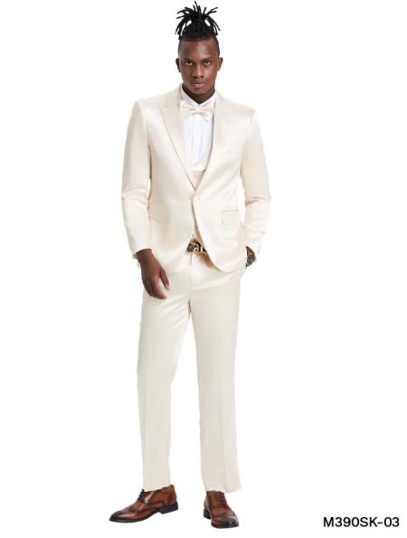 Mens Champagne Shiny Suit - Flashy Sateen Suit With Bowtie - Wedding Suit Slim Fit