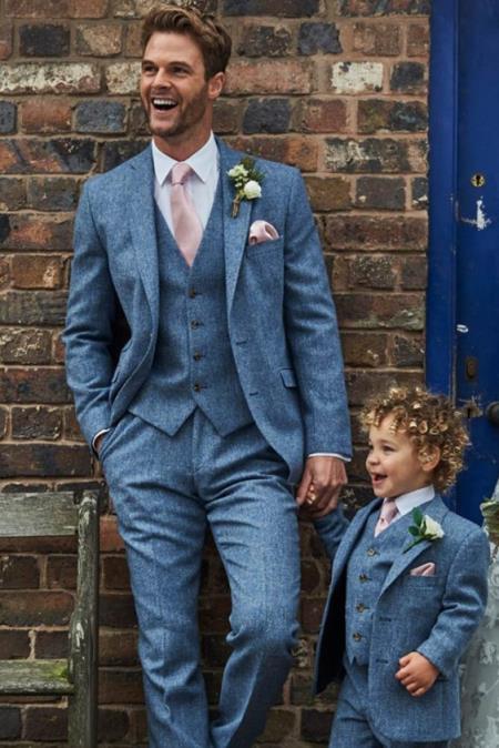 Mens Light Blue Tweed Suit - Groom Tweed Wedding Suit - Wool