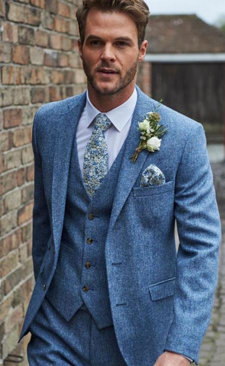 Mens Light Blue Tweed Suit - Groom Tweed Wedding Suit - Wool