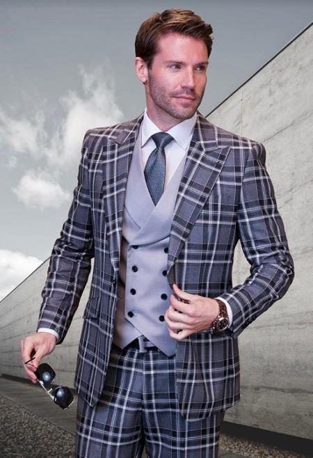Product#JA60660 Statement Suits - Plaid Suits - Vested Suits- Peak Lapel Suits - Wool Suit - Black