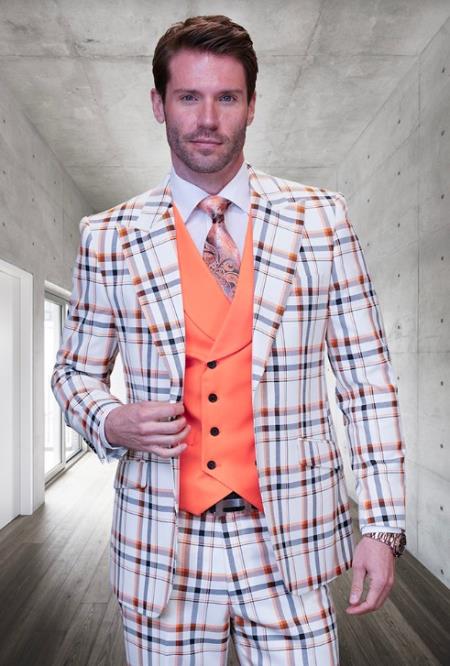 Product#JA60665 Statement Suits - Plaid Suits - Vested Suits- Peak Lapel Suits - Wool Suit - Orange