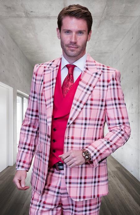 Product#JA60666 Statement Suits - Plaid Suits - Vested Suits- Peak Lapel Suits - Wool Suit - Pink
