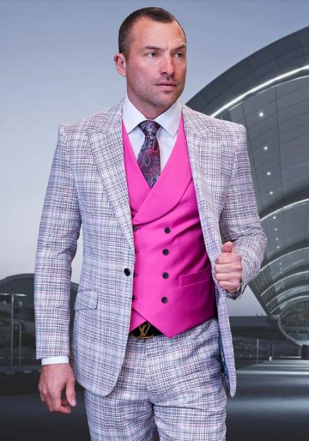 Product#JA60668 Statement Suits - Plaid Suits - Vested Suits- Peak Lapel Suits - Wool Suit - Pink