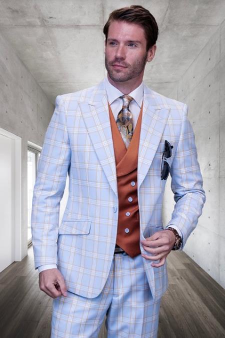 Product#JA60670 Statement Suits - Plaid Suits - Vested Suits- Peak Lapel Suits - Wool Suit - Blue