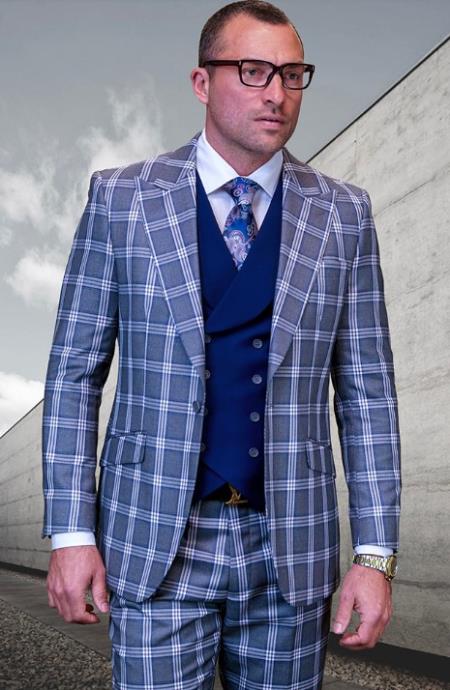 Product#JA60672 Statement Suits - Plaid Suits - Vested Suits- Peak Lapel Suits - Wool Suit - Celeste
