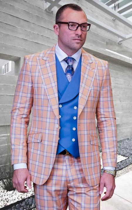 Product#JA60674 Statement Suits - Plaid Suits - Vested Suits- Peak Lapel Suits - Wool Suit - Tan