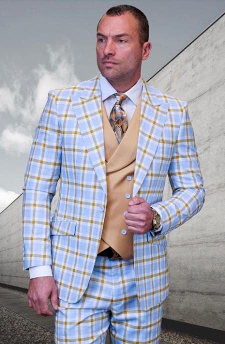 Product#JA60675 Statement Suits - Plaid Suits - Vested Suits- Peak Lapel Suits - Wool Suit - Blue