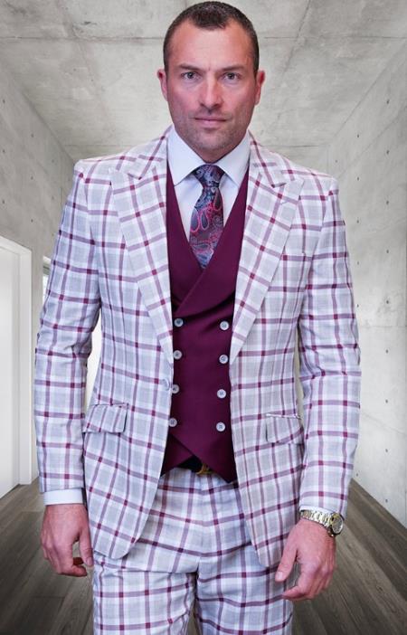 Product#JA60716 Statement Suits - Plaid Suits - Vested Suits- Peak Lapel Suits - Wool Suit - Burgundy