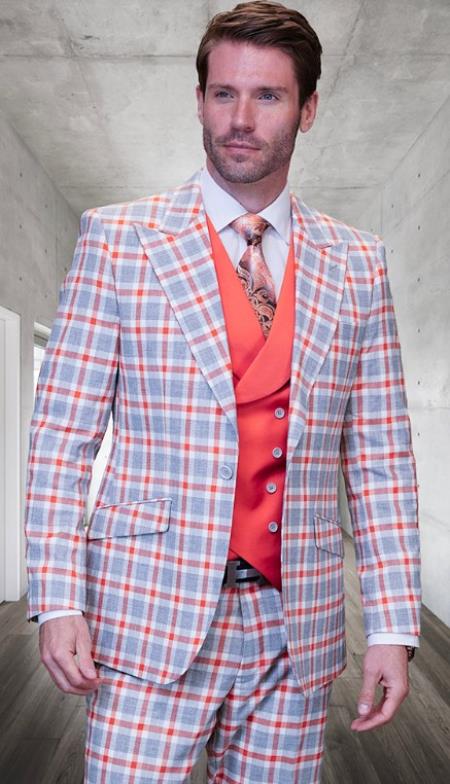 Product#JA60717 Statement Suits - Plaid Suits - Vested Suits- Peak Lapel Suits - Wool Suit - Coral