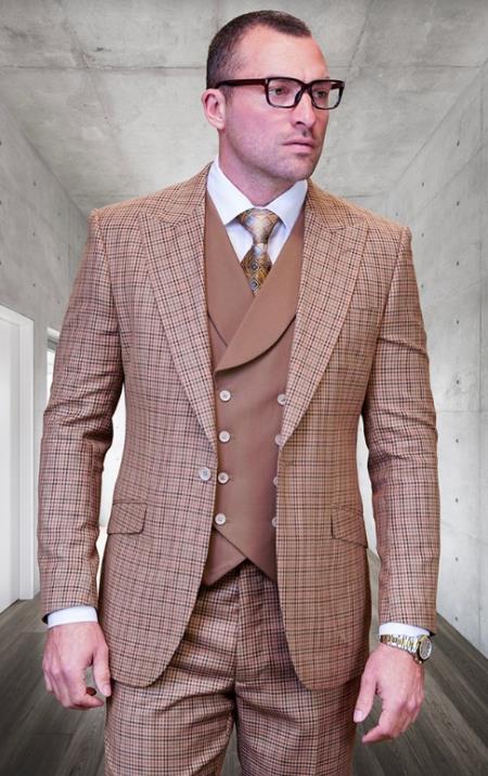 Product#JA60722 Statement Suits - Plaid Suits - Vested Suits- Peak Lapel Suits - Wool Suit - Bronze