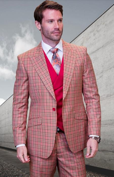 Product#JA60725 Statement Suits - Plaid Suits - Vested Suits- Peak Lapel Suits - Wool Suit - Red