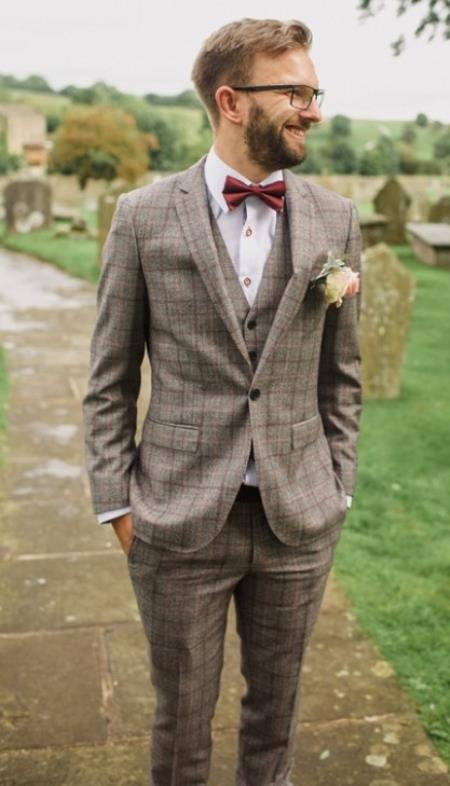 Groomsmen Tweed Suit - Brown Herringbone Western Suit