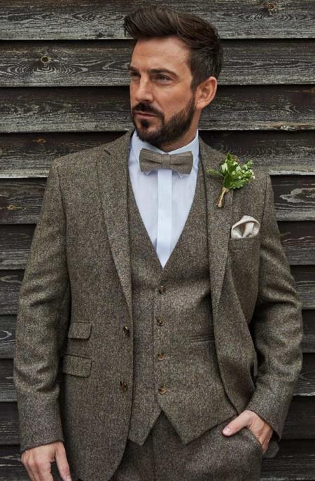 Groomsmen Tweed Suit - Brown Herringbone Western Suit