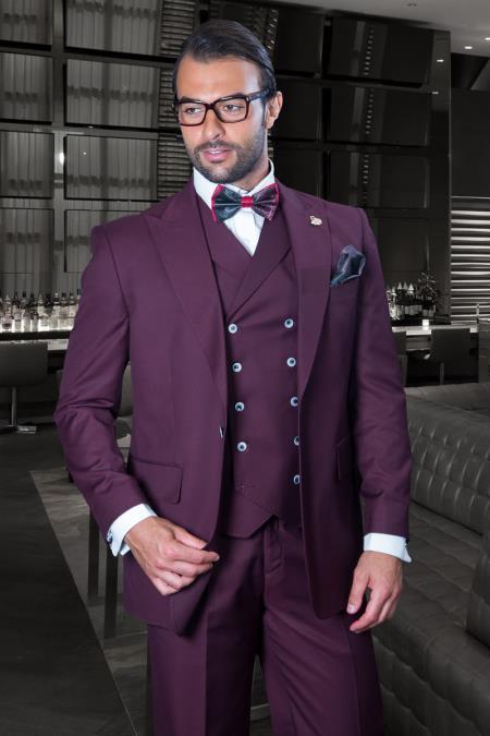 Mens Big and Tall Suits - Plus Size Burgundy Suit For Men - Classic fit 100% Wool 1 Button With Vest