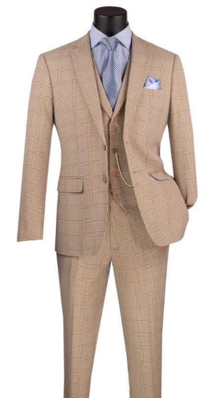 Glen Plaid Suit - Men's 3 Piece Slim Fit Suit - Beige Suit-  SV2W6