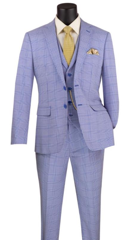 Glen Plaid Suit - Men's 3 Piece Slim Fit Suit - Sky Blue Suit - SV2W6