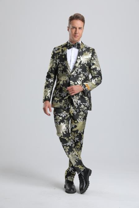 Paisley Suits - Wedding Tuxedo - Groom Black ~ Gold Suit + Matching Bowtie