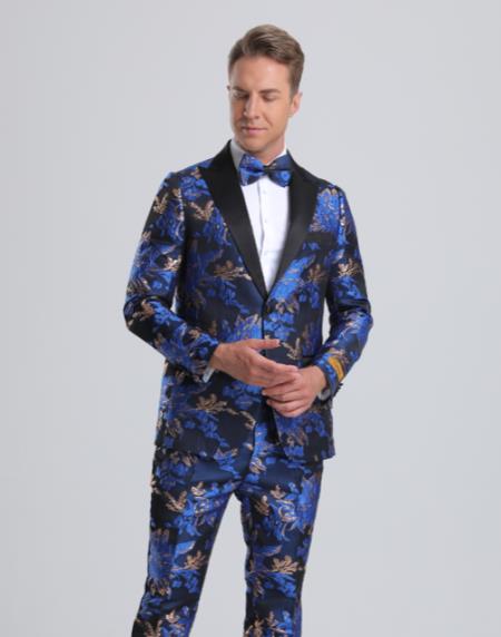 Paisley Suits - Wedding Tuxedo - Groom Royal Blue ~ Black Suit + Matching Bowtie