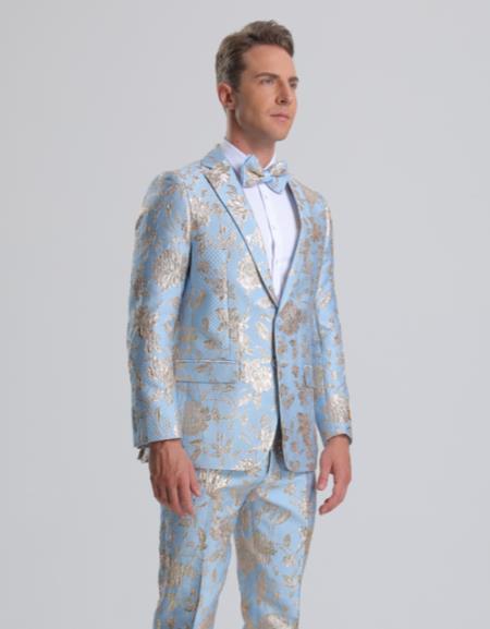 Paisley Suits - Wedding Tuxedo - Groom Blue ~ Gold Suit + Matching Bowtie