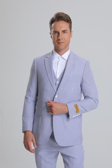 Product#JA61387 Seersucker Suit - Summer Suit - Cotton Suit - Light Blue