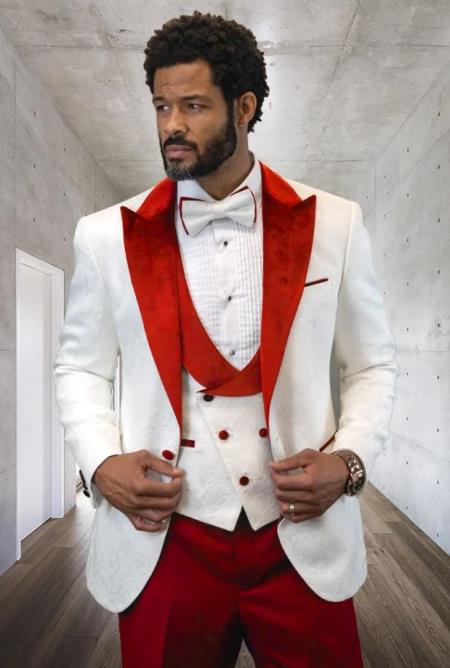White and Red Tuxedo Vested Suit - Wedding Tuxedo
