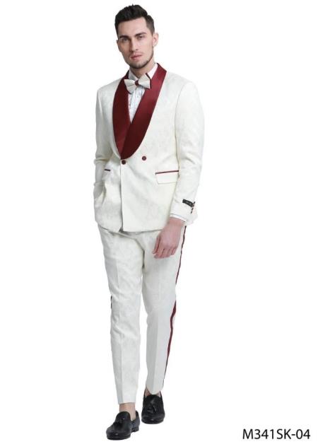 SKU#JA61430 White and Burgundy Tuxedo Suit - Prom Suit - Prom Wedding Suit