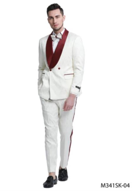 SKU#JA61437 White and Burgundy Tuxedo Suit - Prom Suit - Prom Wedding Suit