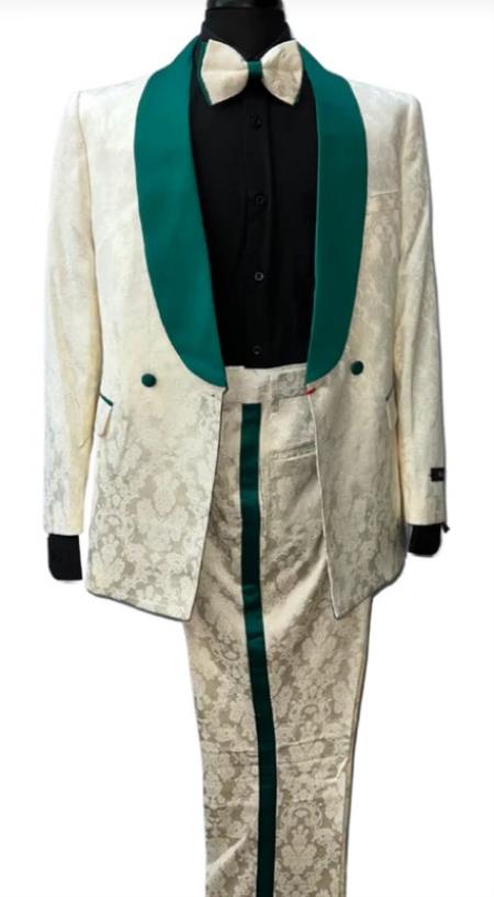 White and Ivory and Green Tuxedo Suit - Prom Suit - Prom Wedding Suit