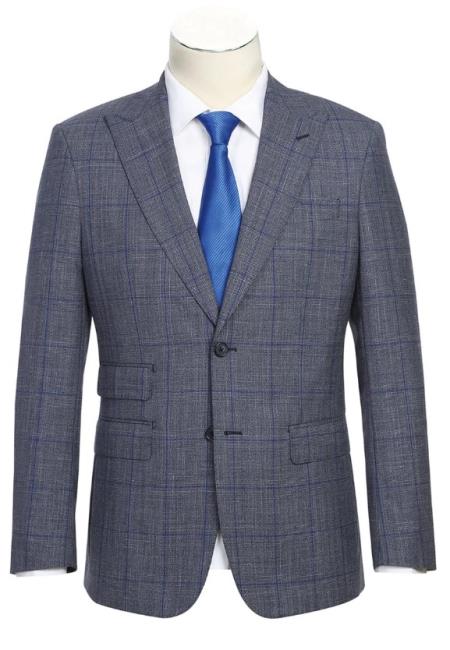 Real Wool Suits - Business Suit By English Laundry Designer Brand - Gray with Blue Windowpane