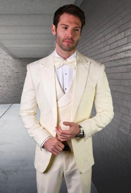 Cream Suit - Ivory Tuxedo - Off White Paisley Suit - Floral Tuxedo - Wedding Tuxedo