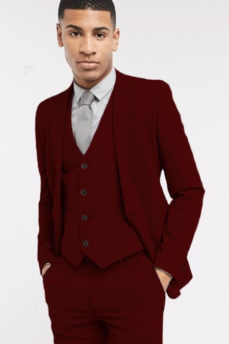 Extra Slim Fit Suit Mens Burgundy Shorter Sleeve~ Shorter Jacket - 3 Piece Suit For Men - Three Piece Suit