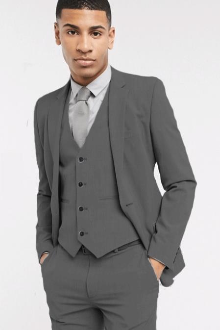Extra Slim Fit Suit Mens Charcoal Shorter Sleeve~ Shorter Jacket - 3 Piece Suit For Men - Three Piece Suit