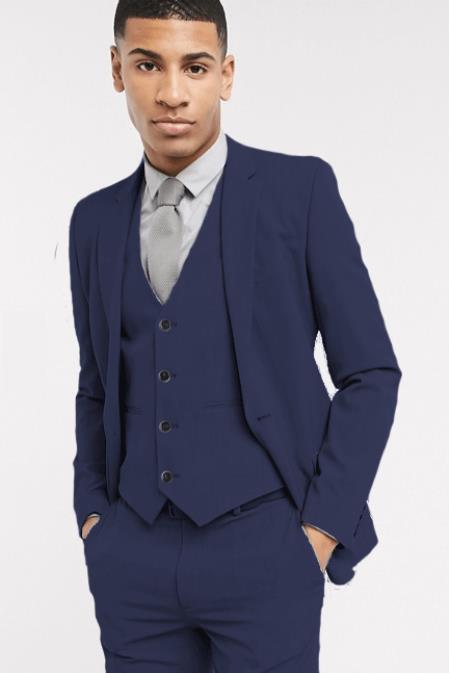 Extra Slim Fit Suit Mens Navy Blue Shorter Sleeve~ Shorter Jacket - 3 Piece Suit For Men - Three Piece Suit