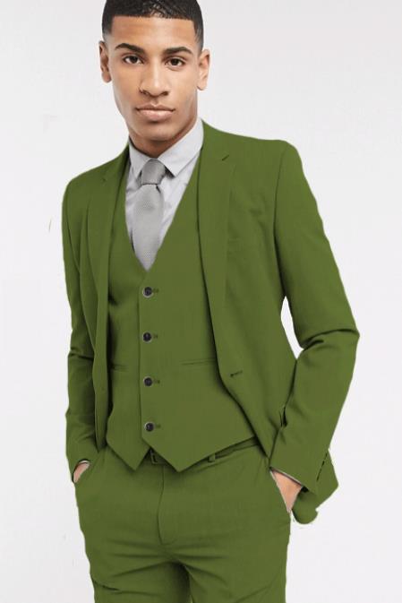 Extra Slim Fit Suit Mens Olive Shorter Sleeve~ Shorter Jacket - 3 Piece Suit For Men - Three Piece Suit