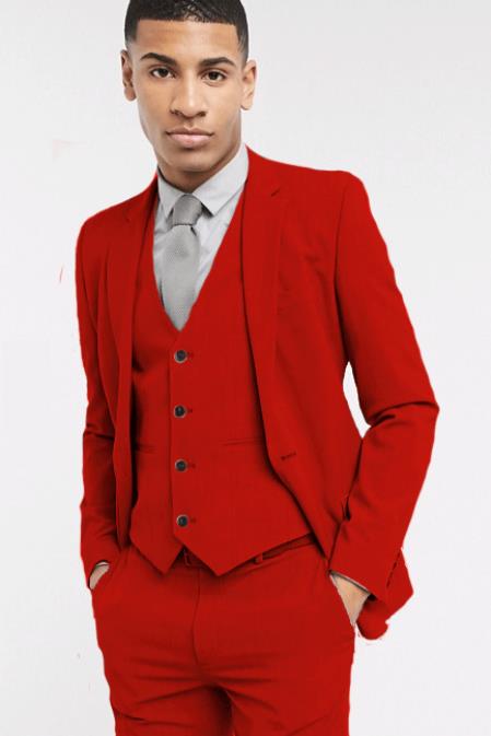 Extra Slim Fit Suit Mens Red Shorter Sleeve~ Shorter Jacket - 3 Piece Suit For Men - Three Piece Suit