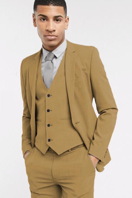 Extra Slim Fit Suit Mens Sand Shorter Sleeve~ Shorter Jacket - 3 Piece Suit For Men - Three Piece Suit