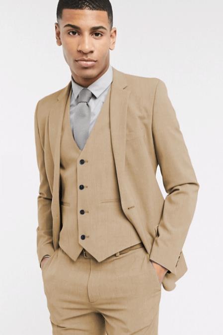 Extra Slim Fit Suit Mens Tan Shorter Sleeve~ Shorter Jacket - 3 Piece Suit For Men - Three Piece Suit