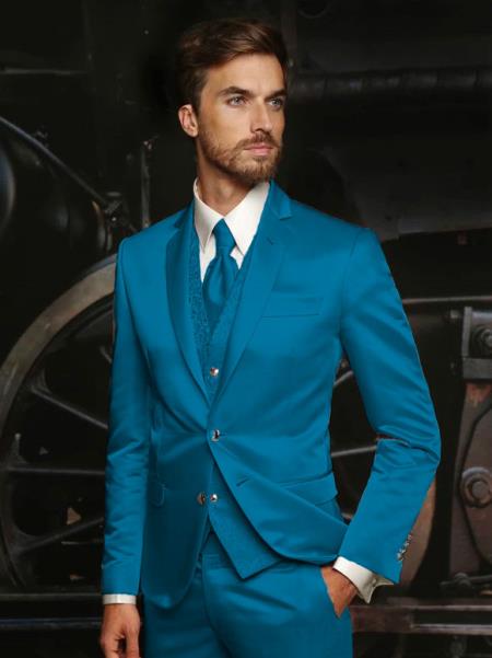 Mens Shiny Blazer - Royal Blue Sateen Vested Suit