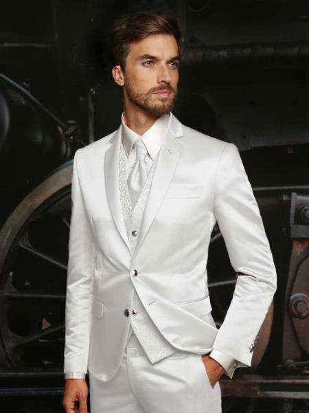 Mens Shiny Blazer - White Sateen Vested Suit