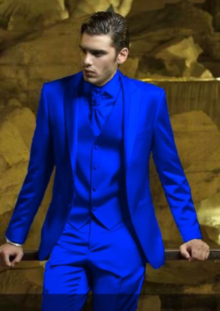 Mens Shiny Blazer - Navy Blue Sateen Vested Suit