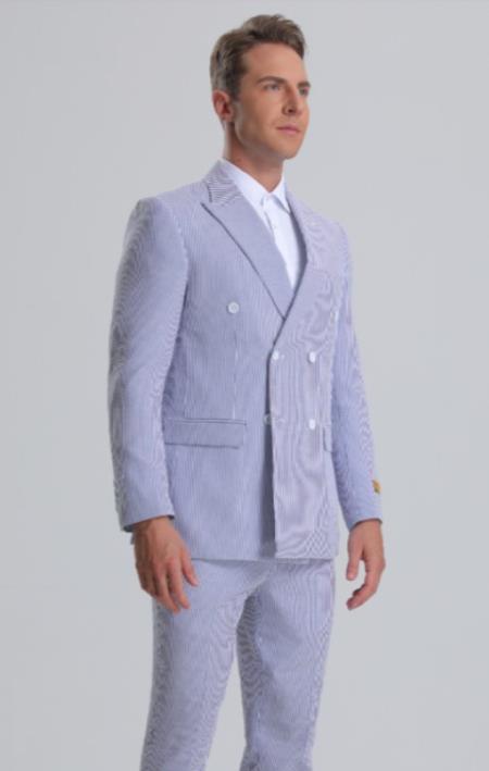 Double Breasted Suit - Seersucker Suit - Light Blue Summer S