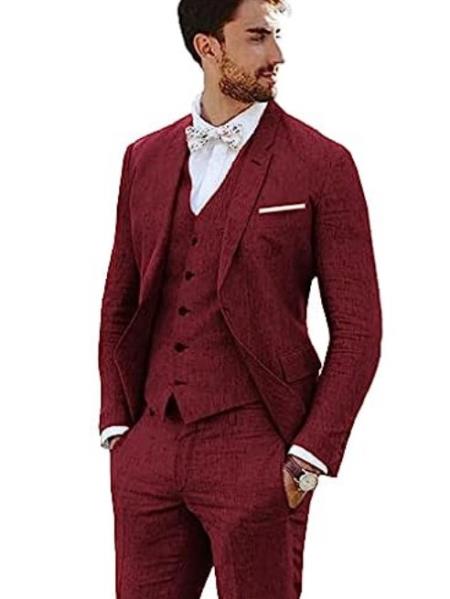 3 Piece Linen Suit - Light Burgundy Mens Suit - Vested summer Suit