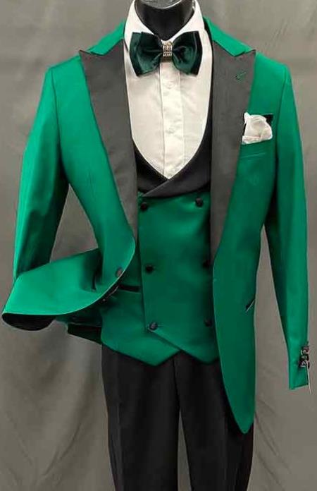 Mens One Button Peak Lapel Green Suit