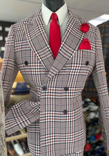 Mens Six Button Peak Lapel Double Breasted Multicolor Suit