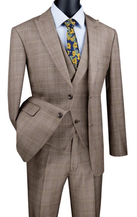 Tan Plaid Suit - Vested Suit - 3 Piece Suits - Peak Lapel Suits - Windowpane Suit - 2 Button