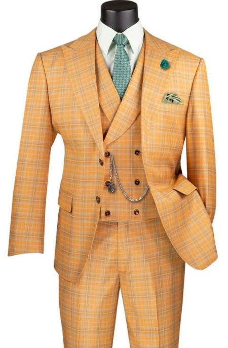 Orange Plaid Suit - Vested Suit - 3 Piece Suits - Peak Lapel Suits - Windowpane Suit - 2 Button