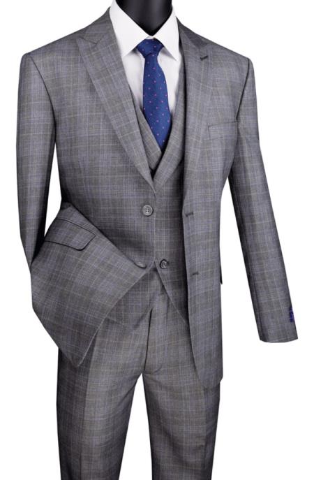 Gray Plaid Suit - Vested Suit - 3 Piece Suits - Peak Lapel Suits - Windowpane Suit - 2 Button